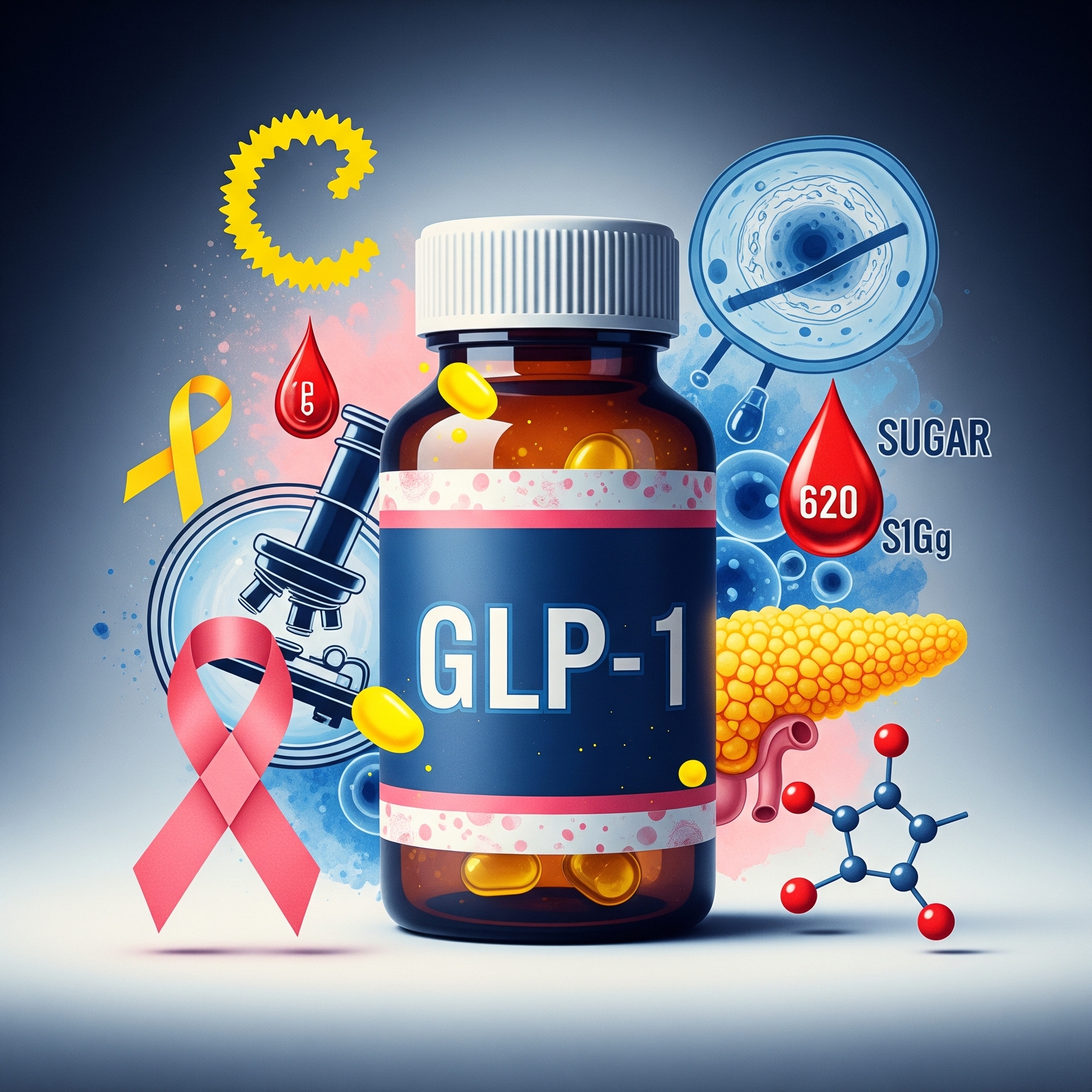 GLP-1 medication with cancer and diabetes symbols
