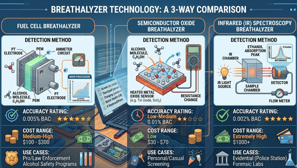 alcohol detector device comparison chart showing three sensor types accuracy cost and uses