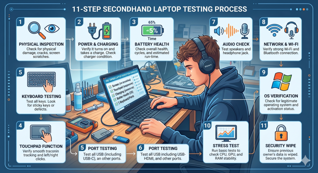 buying second hand laptop testing checklist infographic step by step